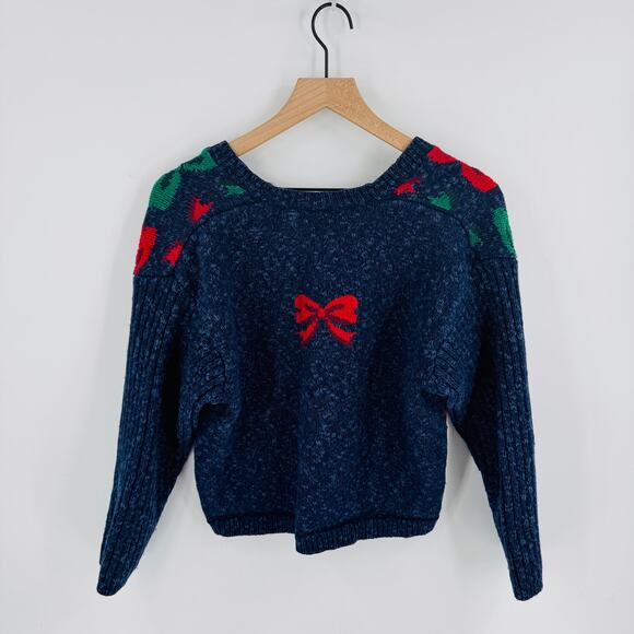 Marisa Christina Vintage Navy Red Green Bow Knit Cardigan Sweater Holiday Medium - Picture 2 of 6